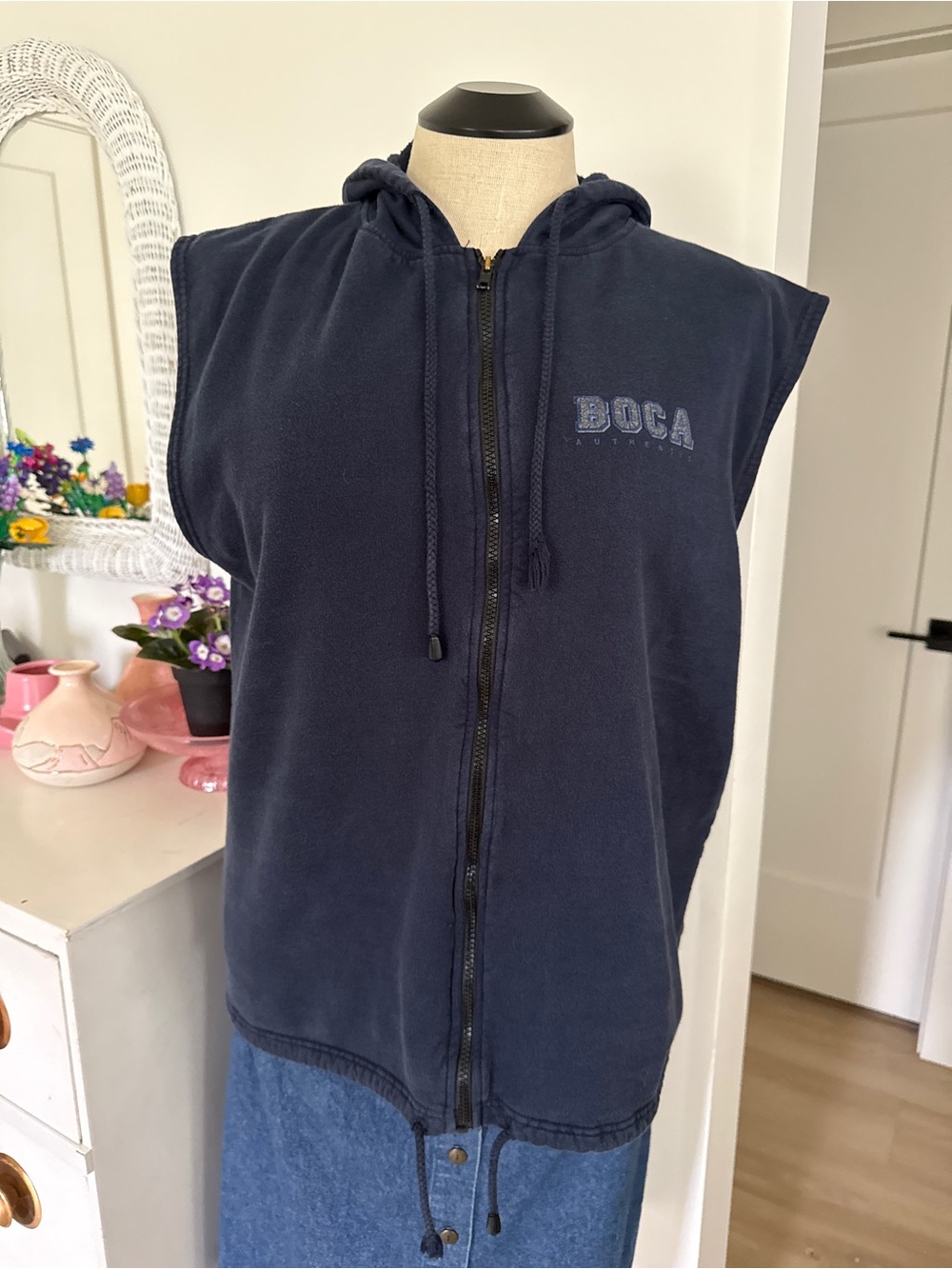 90’s Plus Size Navy Sleeveless Zip-Up Hoodie with 'BOCA' Logo